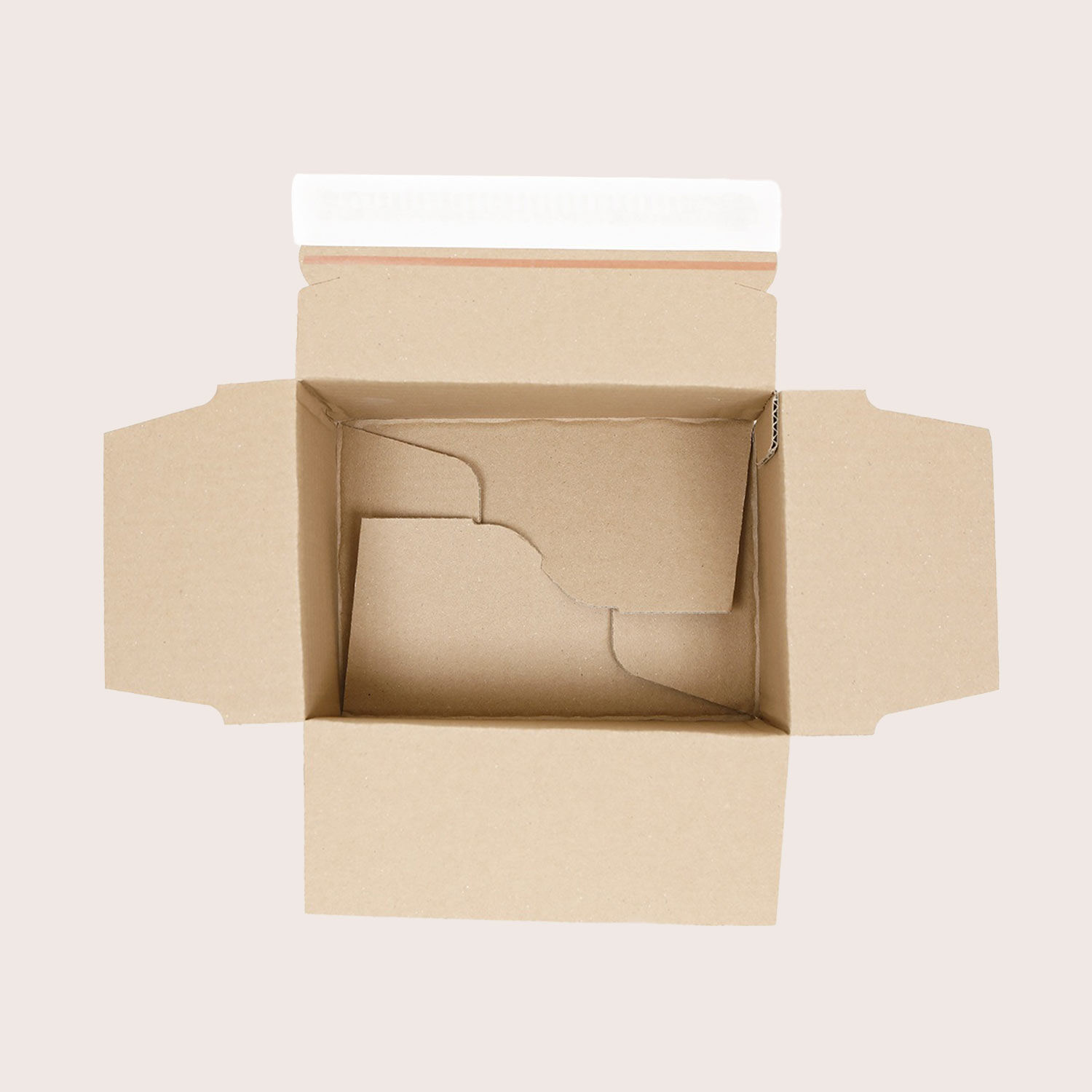 Cardboard box with an automatic base and self-adhesive closure